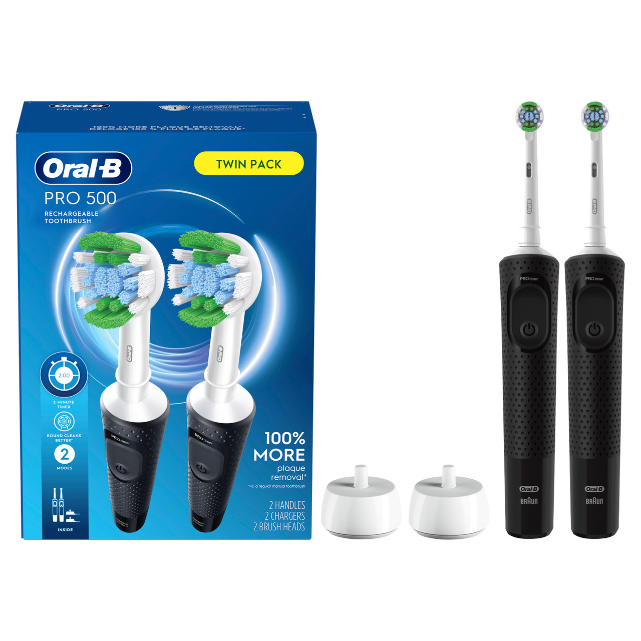 Pro 500 Rechargeable Electric Toothbrush Twin Pack, Black | Oral-B