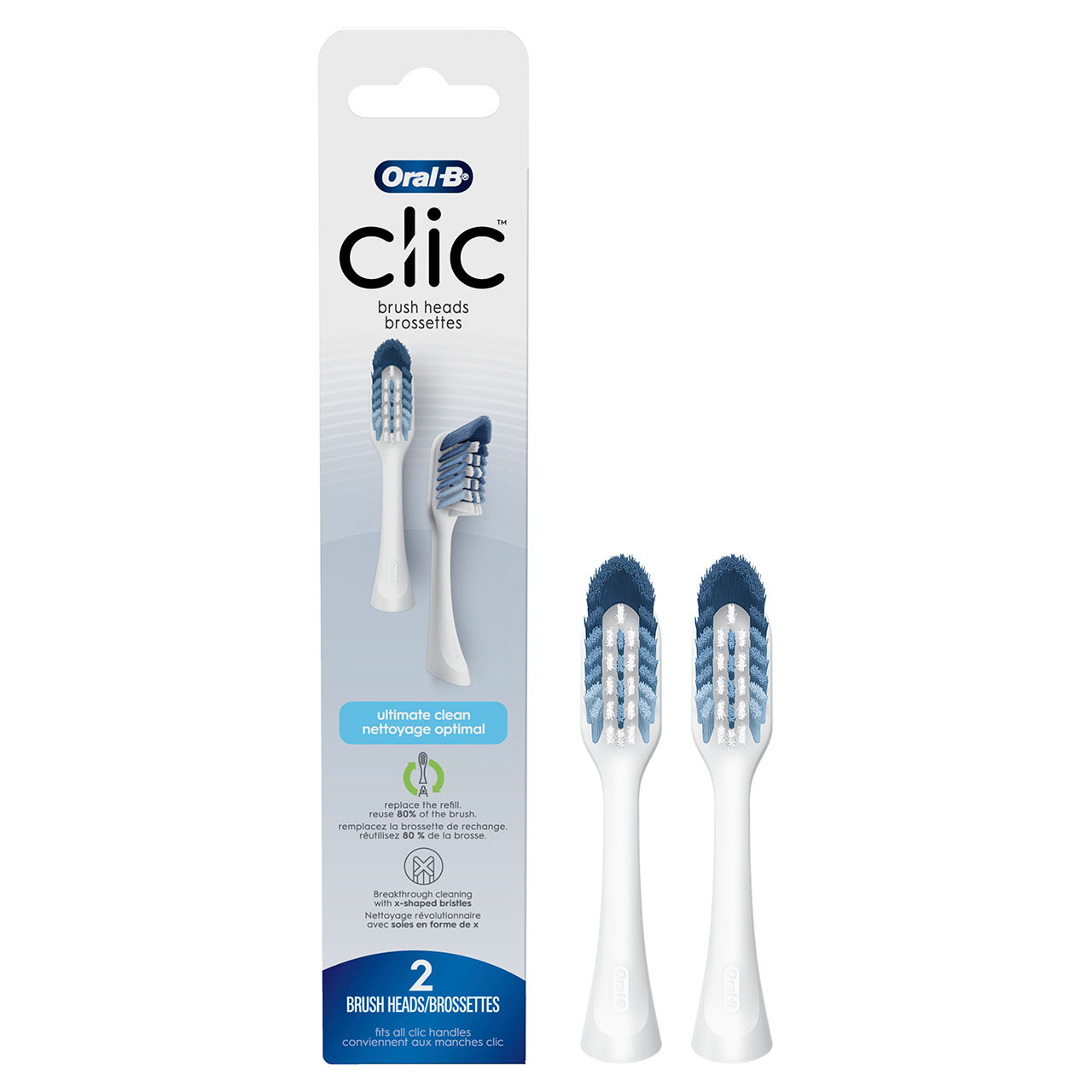 Clic Toothbrush Replacement Brush Heads, White, 2 Count
