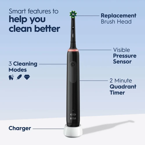 Smart features to help you clean better: Replacement Brush Head, Visible Pressure Sensor, 2 Minute Quadrant Timer, 3 Cleaning Modes, Charger