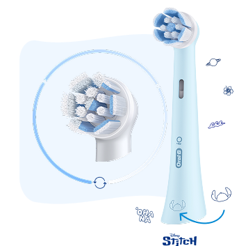 Close-up of Disney Stitch brush head next to side-by-side of new vs. faded bristles