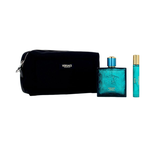 Versace Eros Pour Homme Gift Set – Eau de Toilette 100ml + Travel Spray 10ml + Black Trousse