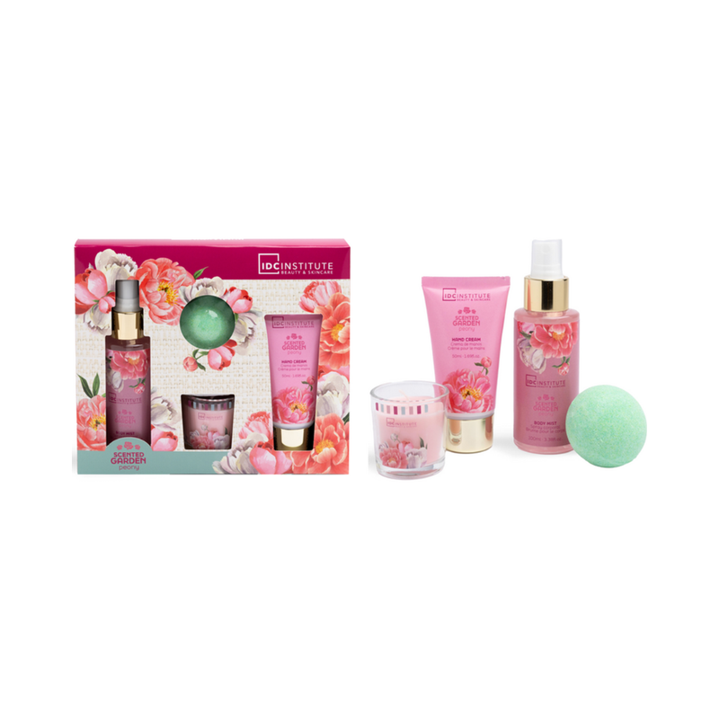 IDC Institute Scented Garden Peony Body Mist + Hand Cream + Bath Bomb + Candle