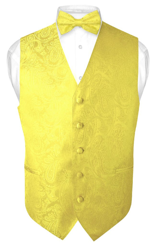 Mens Paisley Design Dress Vest & Bow Tie Yellow Color BowTie Set