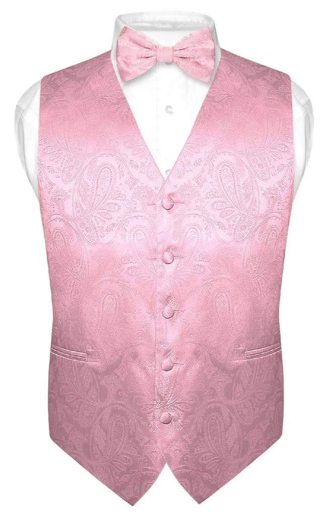 Mens Paisley Design Dress Vest & Bow Tie Pink Color BowTie Set