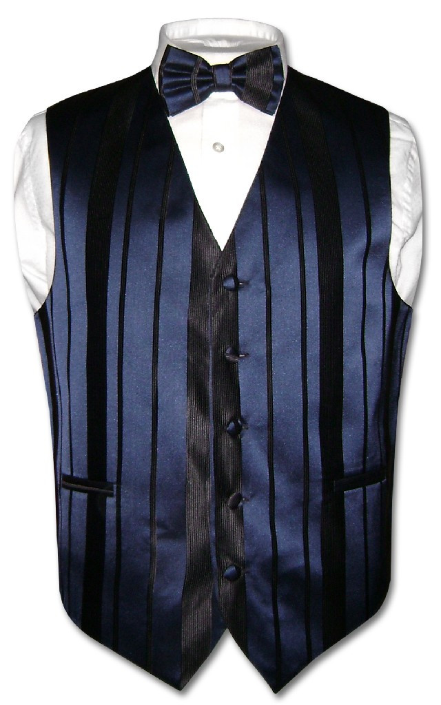 Mens Dress Vest BowTie Navy Blue Color Woven Striped Bow Tie Set