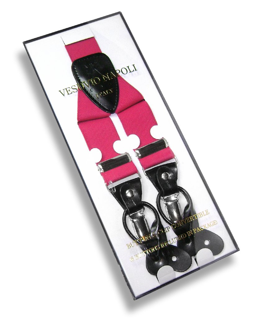 Mens Hot Pink Fuchsia Suspenders Y Shape Back Button & Clip Convertible