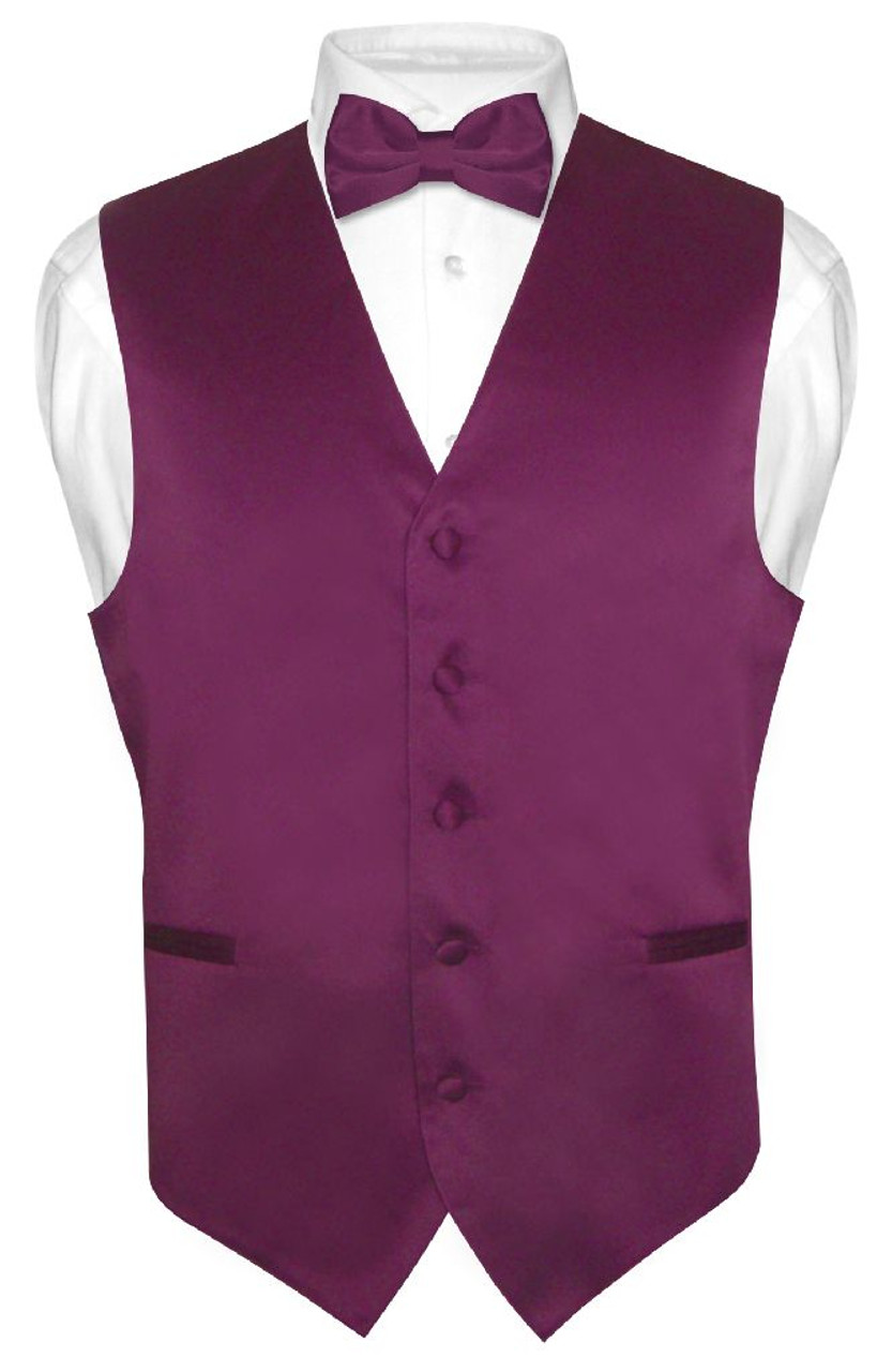 Mens Dress Vest & BowTie Solid Eggplant Purple Color Bow Tie Set