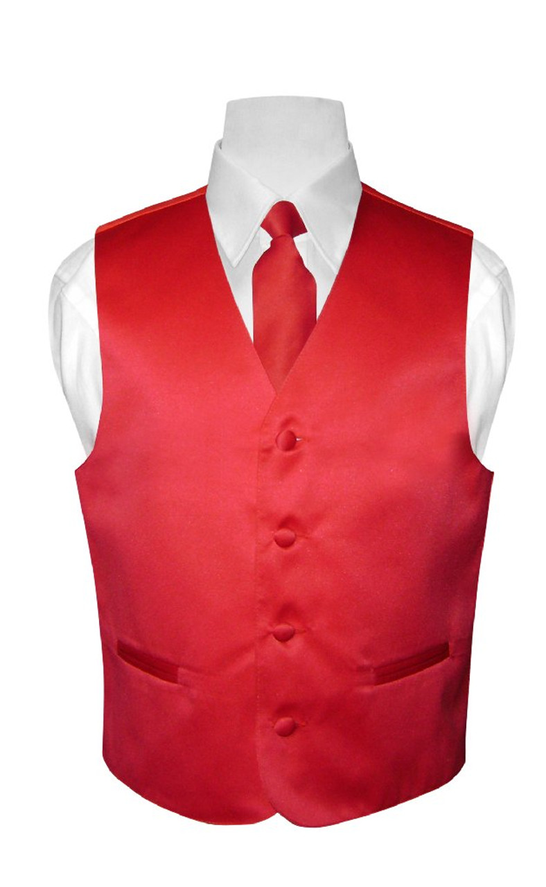 Boys Dress Vest NeckTie Solid Red Color Neck Tie Set