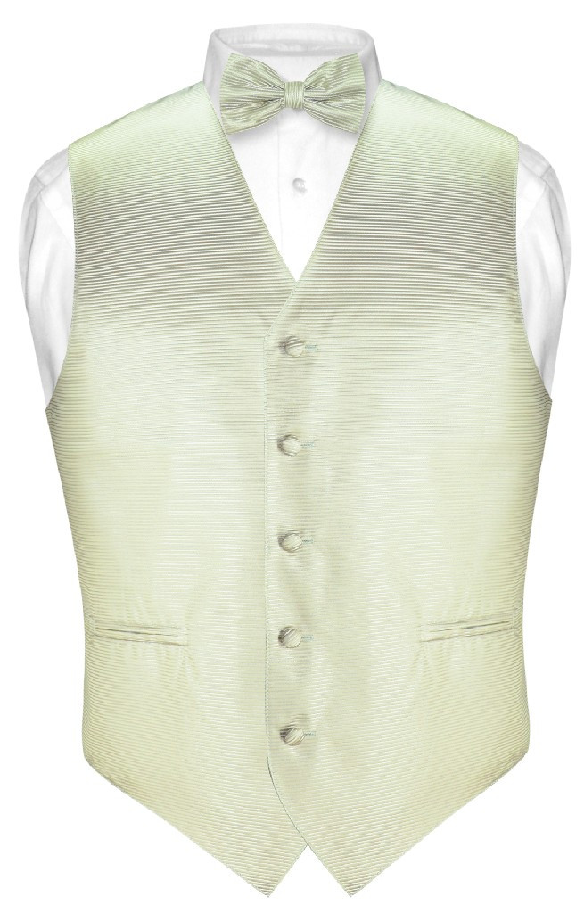 Mens Dress Vest BowTie Sage Green Woven Bow Tie Horizontal Stripe Set