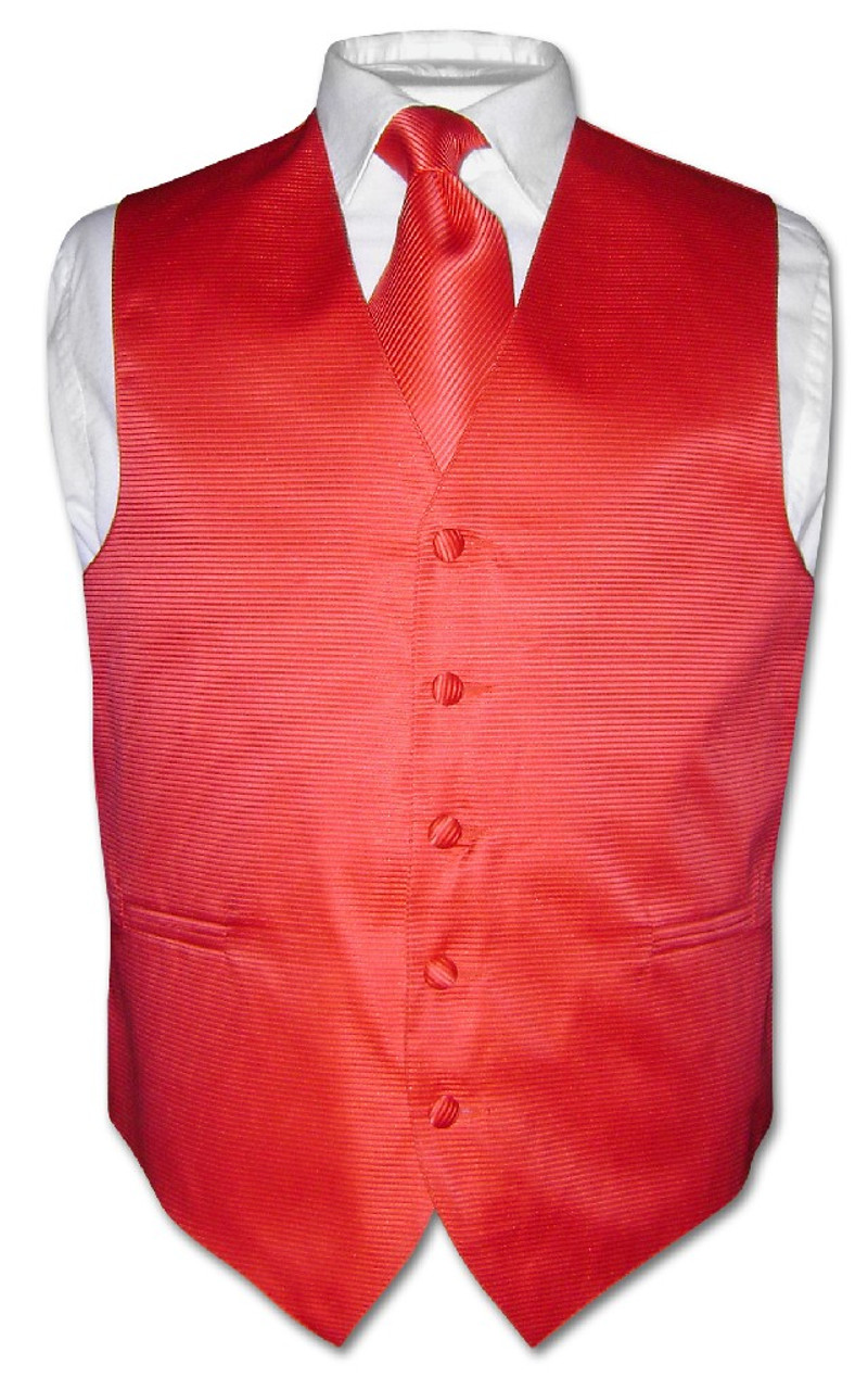 Mens Dress Vest NeckTie Red Horizontal Stripe Neck Tie Design Set