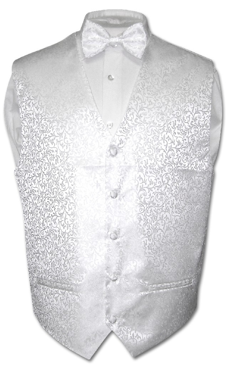 Antonio Ricci Mens White Paisley Dress Vest Bow Tie Set Size 3XL