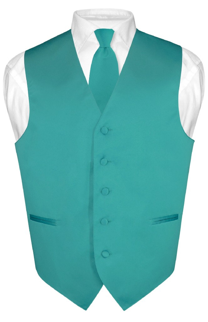 Mens Dress Vest Necktie Solid Teal Color Neck Tie Set