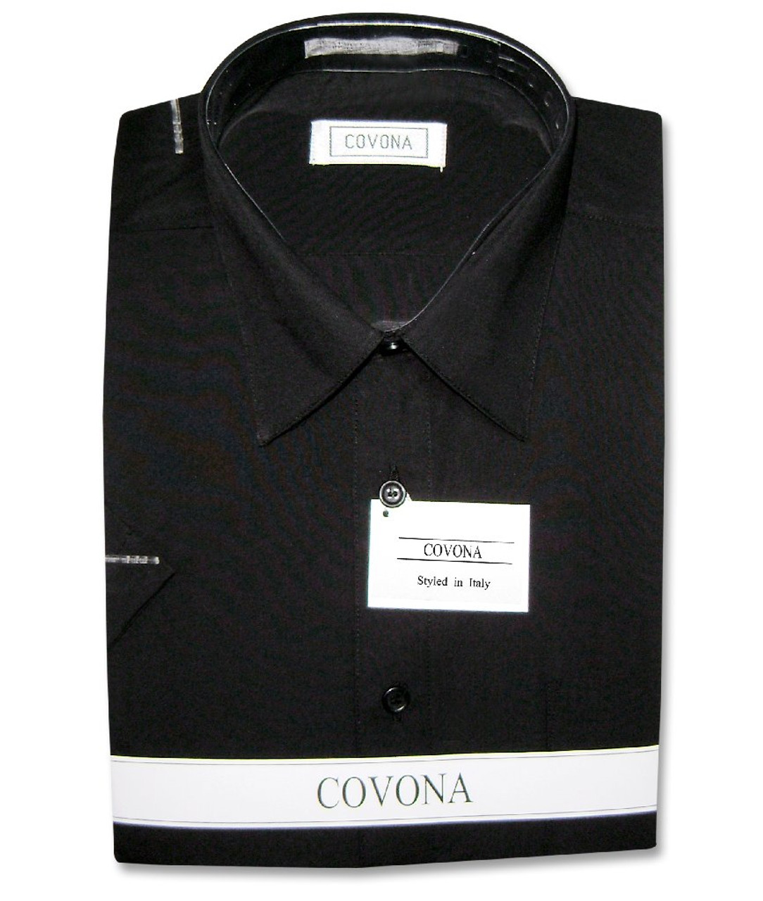 Covona Mens Short Sleeve Solid Black Color Dress Shirt