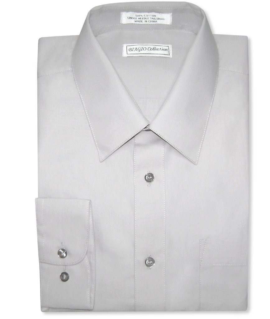 Biagio Men's 100% Cotton Solid Silver Grey Color Dress Shirt W Convertible Cuffs Biagio Men's 100% Cotton Solid Silver Grey Color Dress Shirt W Convertible Cuffs