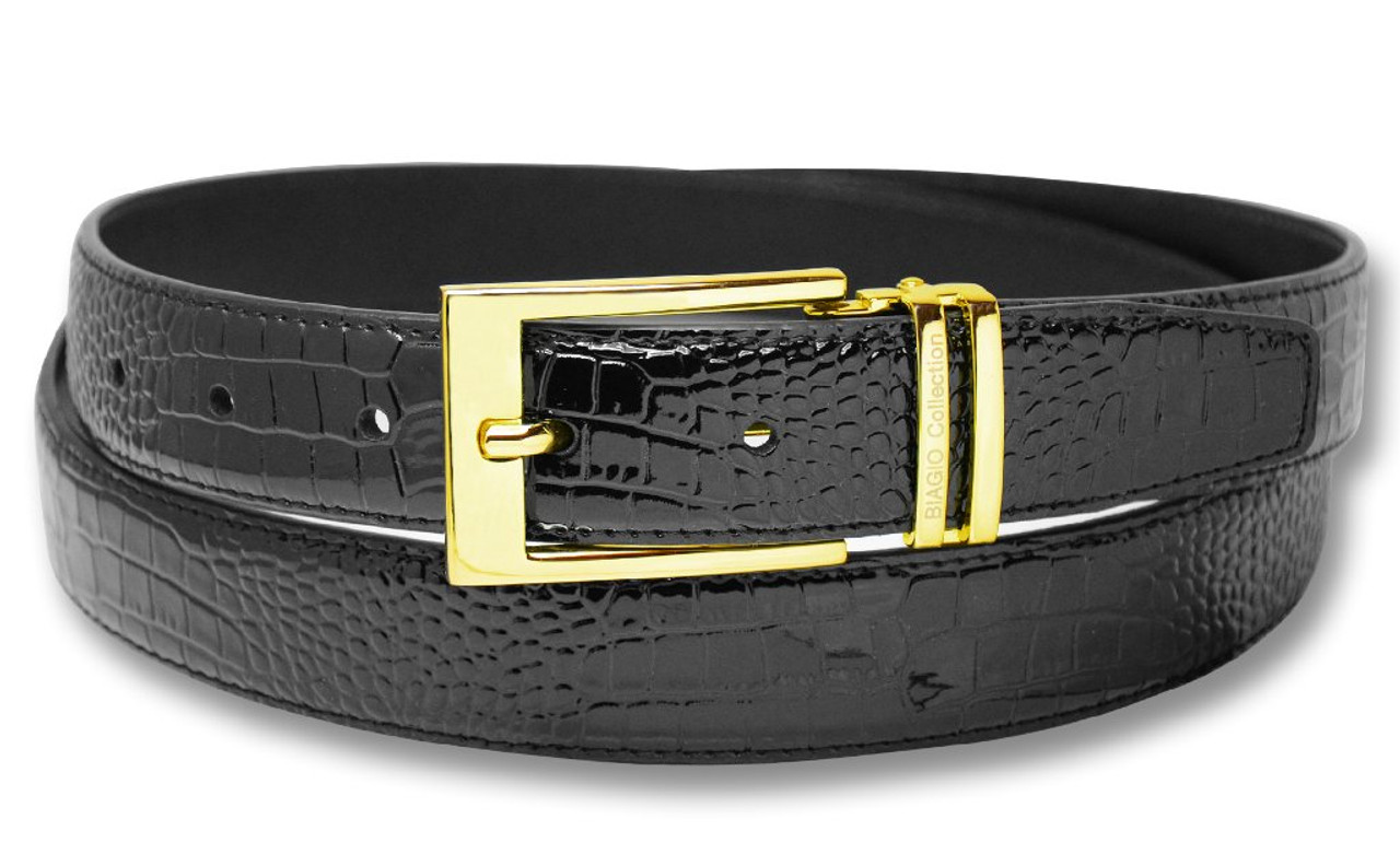 Biagio Croc Embossed BLACK Men's Bonded Leather Belt Gold-Tone Buckle  Regular