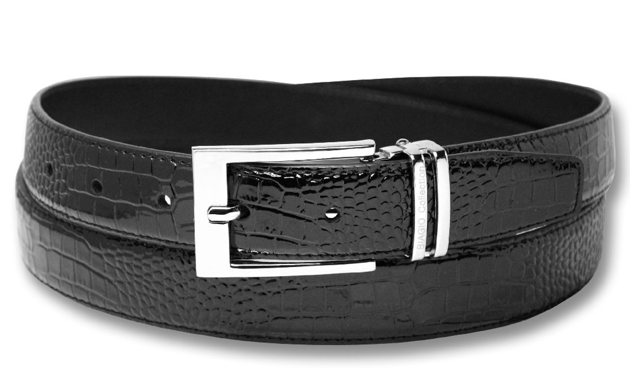 Biagio Croc Embossed BLACK Men's Bonded Leather Belt Silver-Tone Buckle  Regular