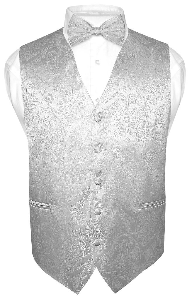 Men's Paisley Design Dress Vest Bow Tie SILVER Grey Color BOWTie Set