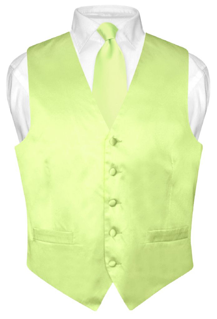 Biagio Men's Silk Dress Vest \u0026 Necktie Solid Lime Green Color Neck Tie Set XL