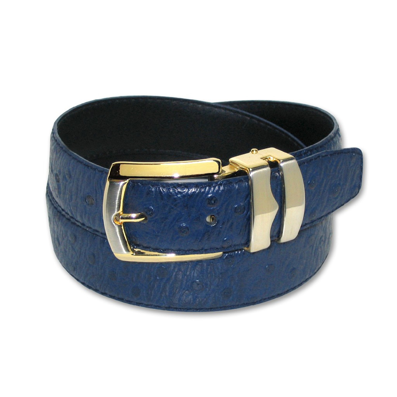 Ostrich Pattern Navy Blue Bonded Leather Mens Belt Gold-Tone Buckle