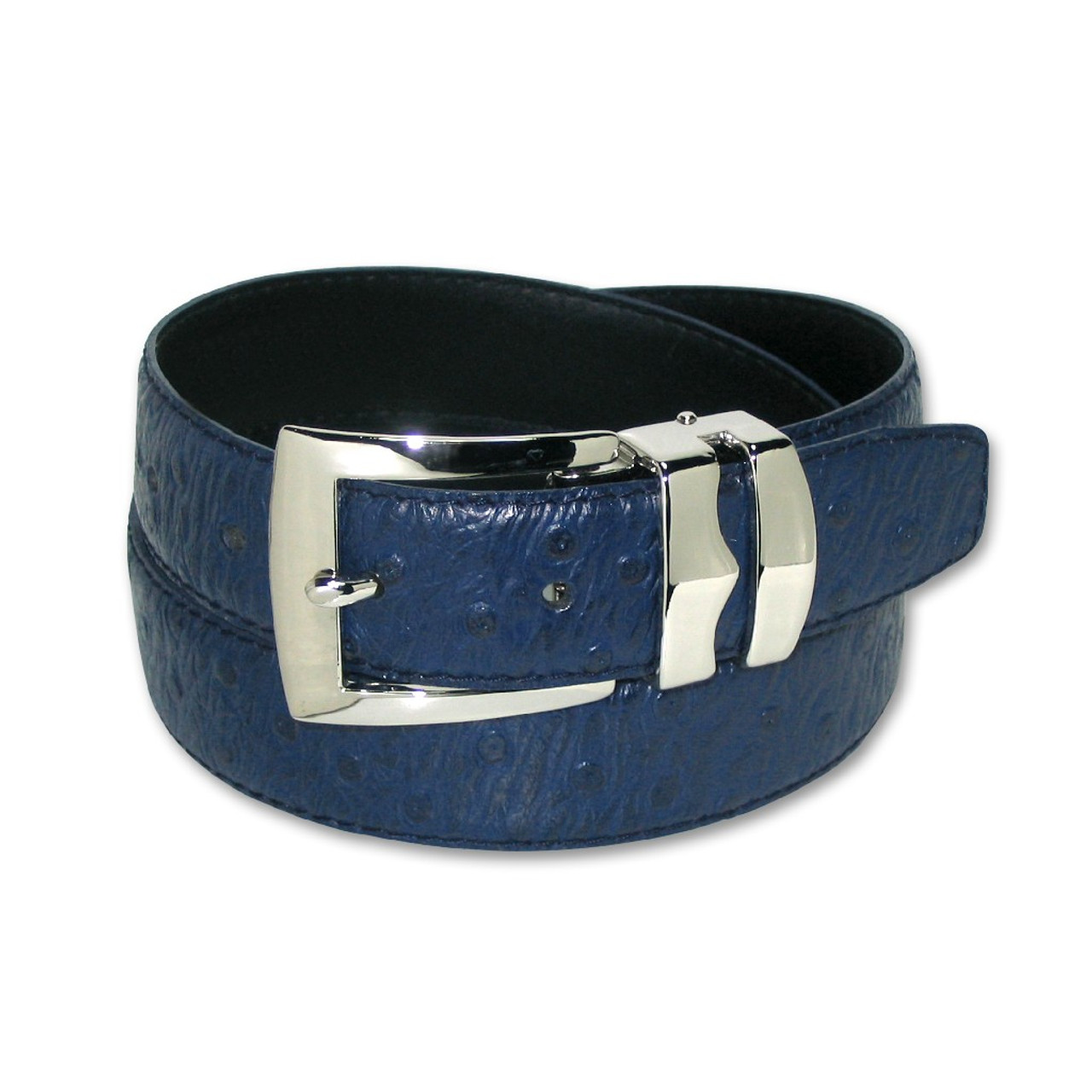 Ostrich Pattern Navy Blue Bonded Leather Mens Belt Silver-Tone Buckle