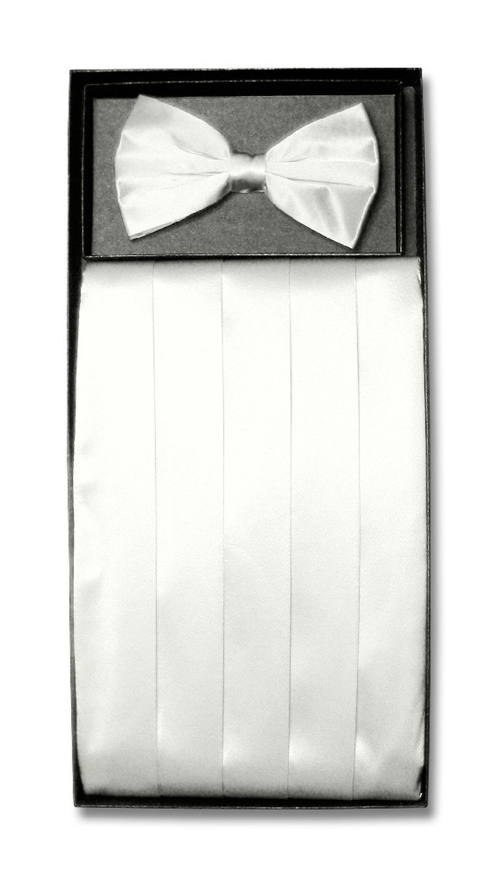 Silk Cumberbund BowTie Solid White Color Mens Cummerbund Bow Tie Set