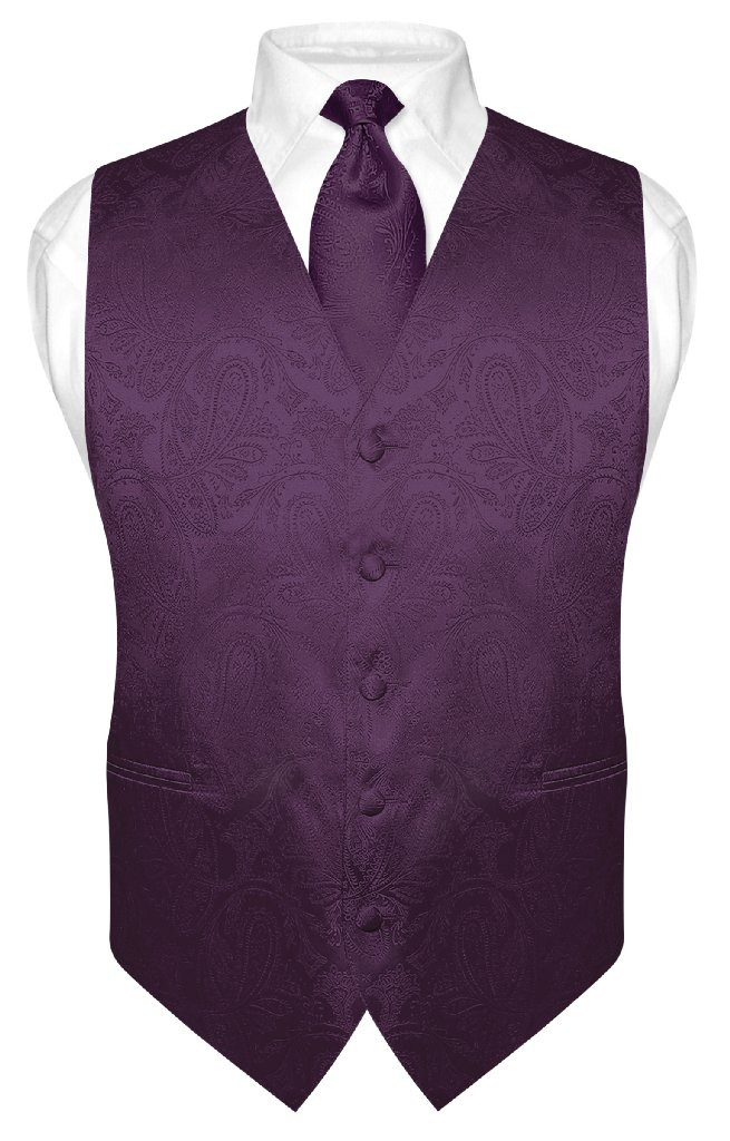 Mens Paisley Design Dress Vest NeckTie Dark Purple Color Neck Tie Set