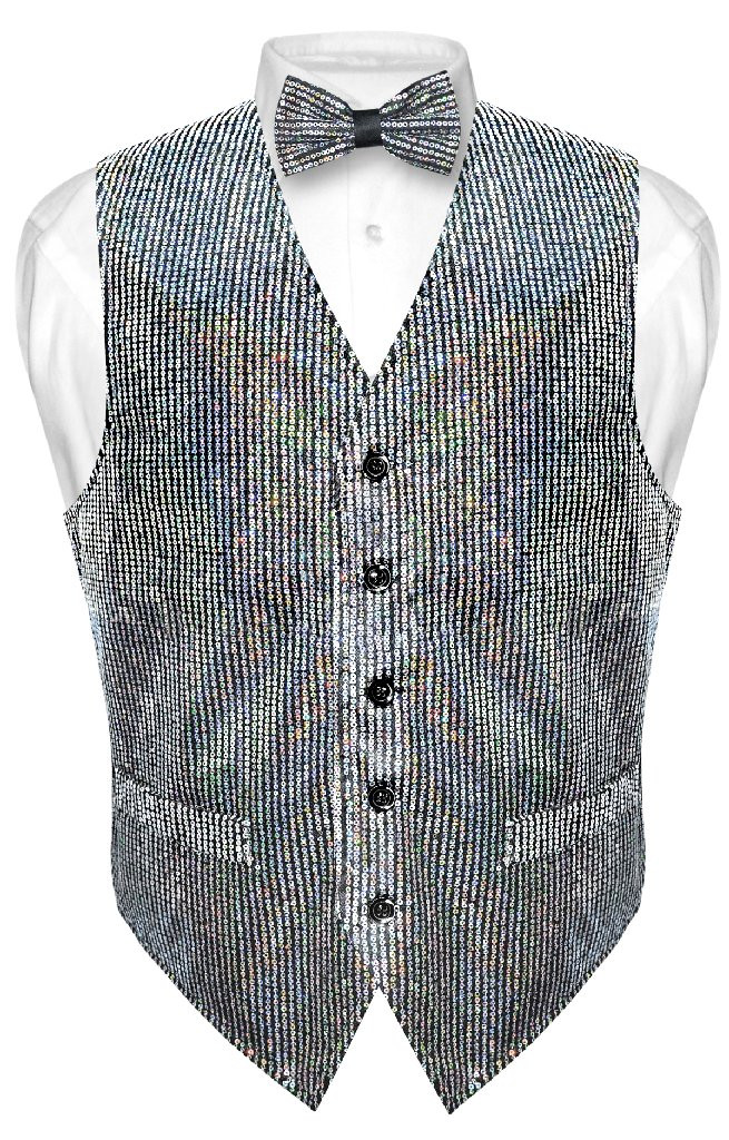 Mens SEQUIN Design Dress Vest & Bow Tie Silver Color BowTie Set