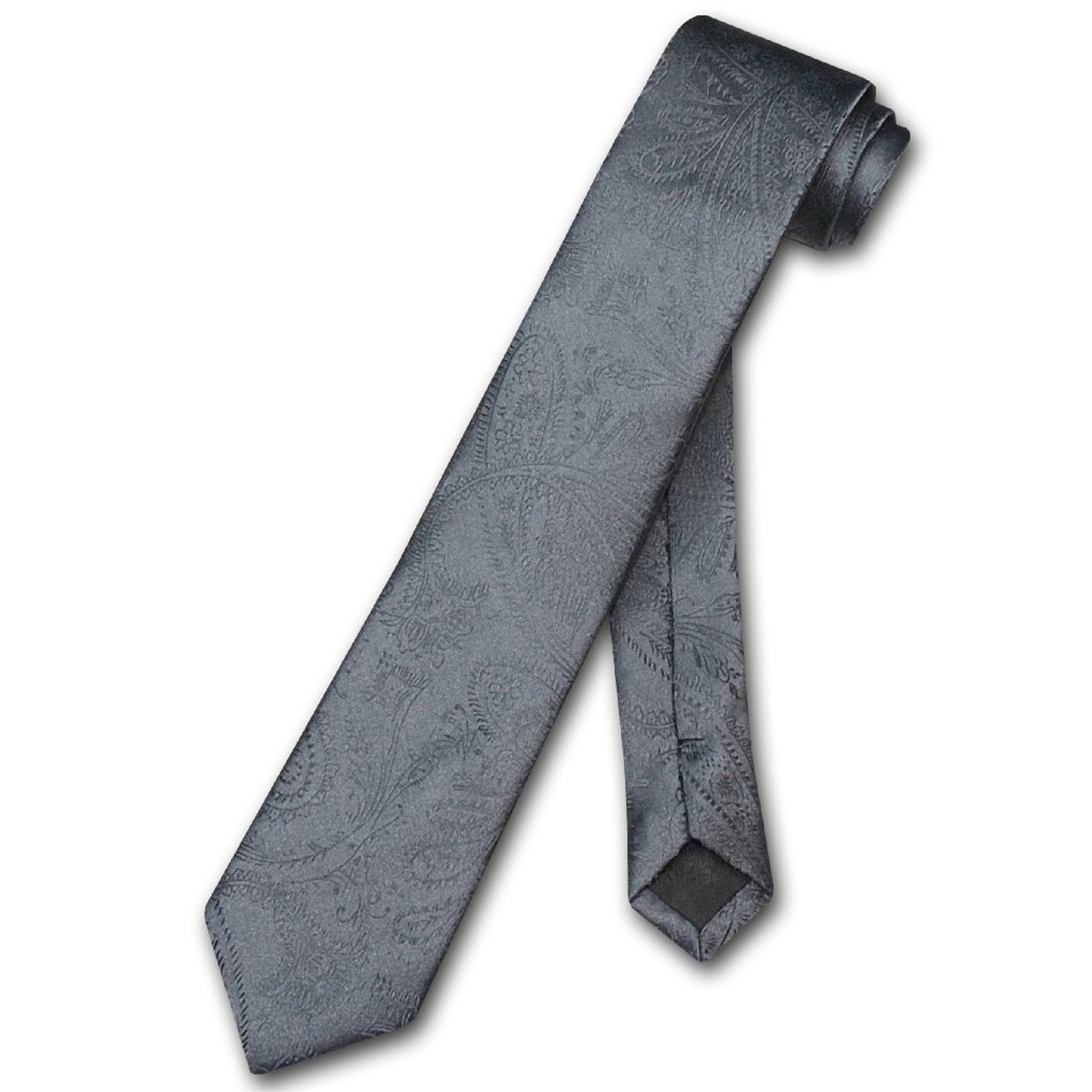 Vesuvio Napoli Narrow NeckTie Solid Charcoal Grey Paisley Skinny Tie