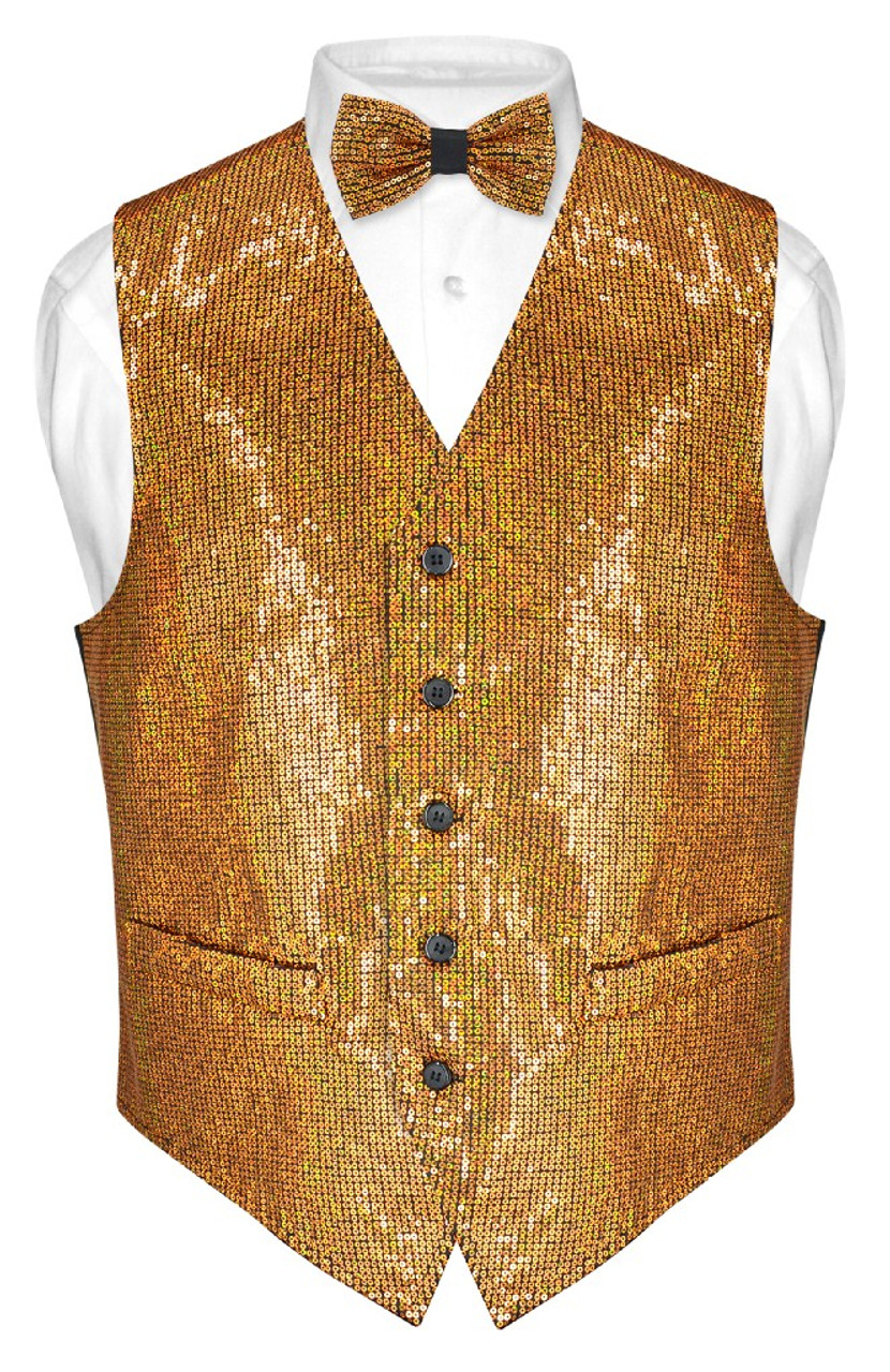 Mens SEQUIN Design Dress Vest & Bow Tie Gold Color BowTie Set
