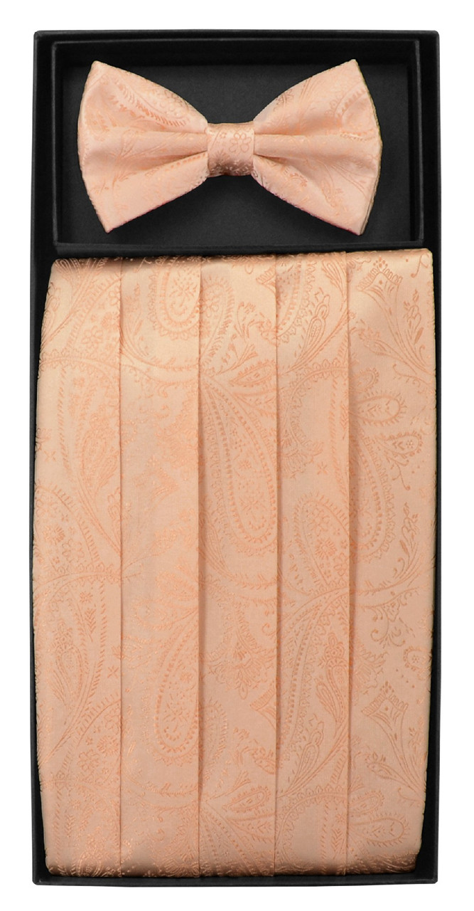 Cumberbund BowTie Peach Paisley Design Mens Cummerbund Bow Tie Set
