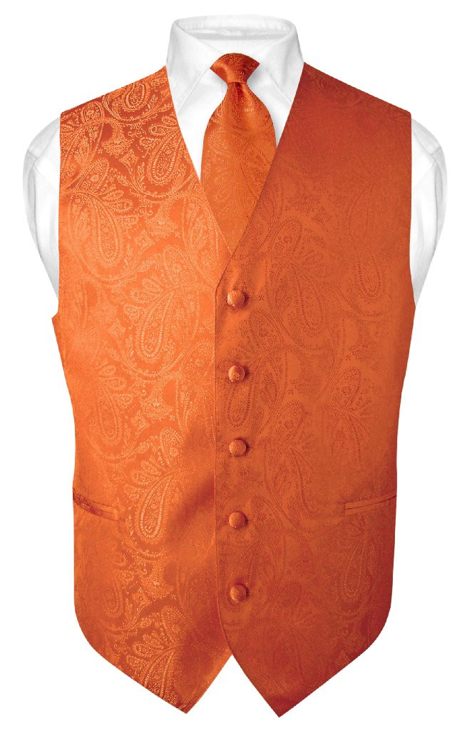 Vesuvio Napoli Men's Paisley Design Dress Vest \u0026 Necktie Burnt Orange Color Neck Tie Set
