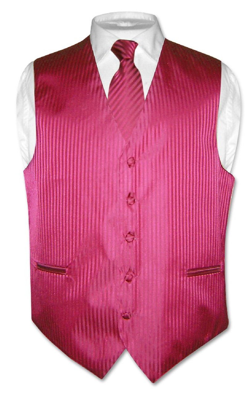 Mens Dress Vest NeckTie Red Violet Color Vertical Striped Neck Tie Set