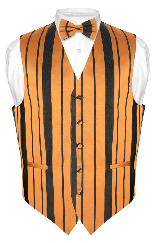 Mens Dress Vest BowTie Gold Black Color Woven Striped Bow Tie Set