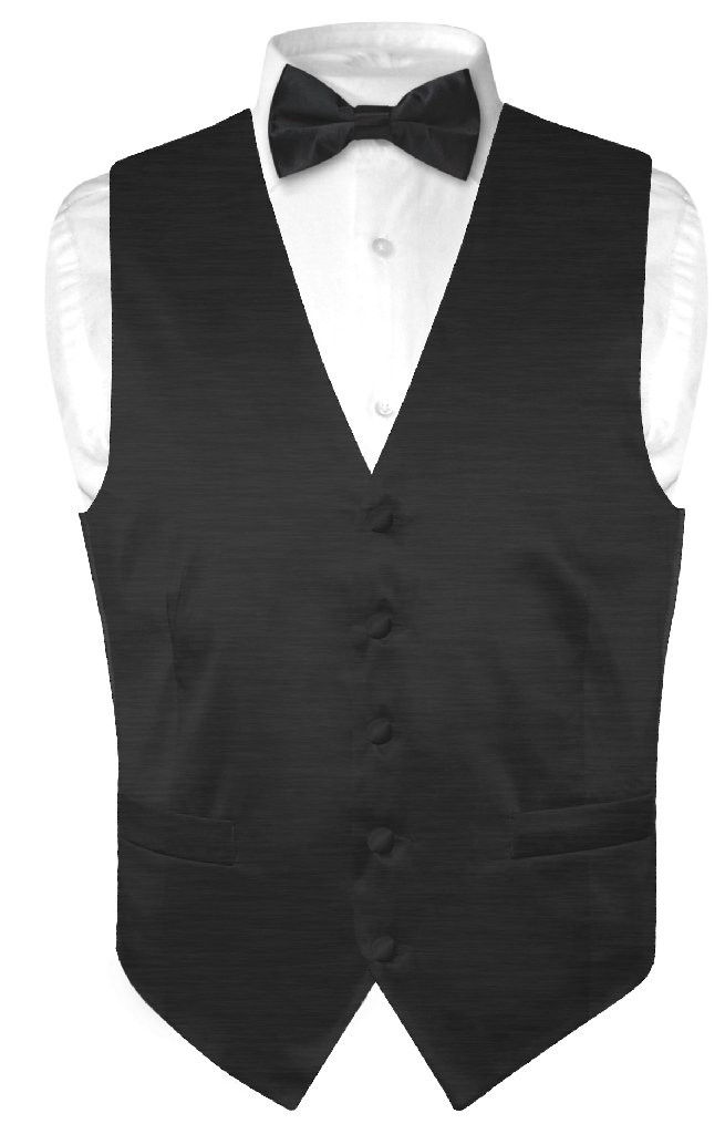 Biagio Mens Solid Black Bamboo Silk Dress Vest Bow Tie Set