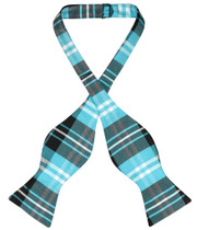 Vesuvio Napoli Self Tie BowTie Black Turquoise White Plaid Bow Tie