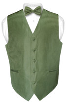 Mens Dress Vest BowTie Olive Green Color Vertical Striped Set