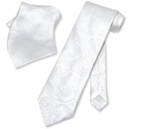 Vesuvio Napoli White Paisley NeckTie & Handkerchief Mens Neck Tie Set