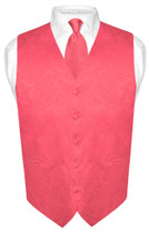 Mens Paisley Design Dress Vest & NeckTie Coral Pink Color Neck Tie Set