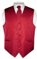 Mens Dress Vest & NeckTie Red Color Vertical Striped Neck Tie Set