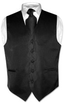 Mens Dress Vest & NeckTie Black Color Vertical Striped Neck Tie Set