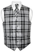 Mens Plaid Design Dress Vest & NeckTie Black Gray White Neck Tie Set