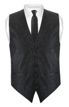 Mens Paisley Slim Fit Dress Vest Skinny NeckTie Black Tie Hanky Set