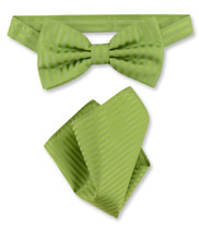 Olive Green Vertical Stripes Bow Tie Handkerchief Set | BowTie Set