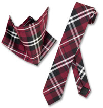 Black Burgundy White Plaid Skinny Tie Handkerchief Set | Tie Set