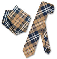 Navy Brown White Plaid Skinny Tie Handkerchief Set | Necktie Set