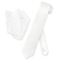 Mens White Skinny Tie Handkerchief Set | Silk Necktie Hanky Set