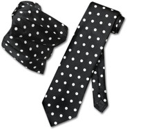 Black with White Polka Dot Skinny Neck Tie And Handkerchief Set
