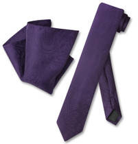 Mens Dark Purple Paisley Skinny Tie Hanky Set | Necktie Hanky Set