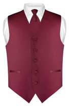 Mens Dress Vest Skinny NeckTie Solid Burgundy 2.5" Neck Tie Set