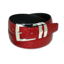 Ostrich Pattern Red Bonded Leather Mens Belt Silver-Tone Buckle